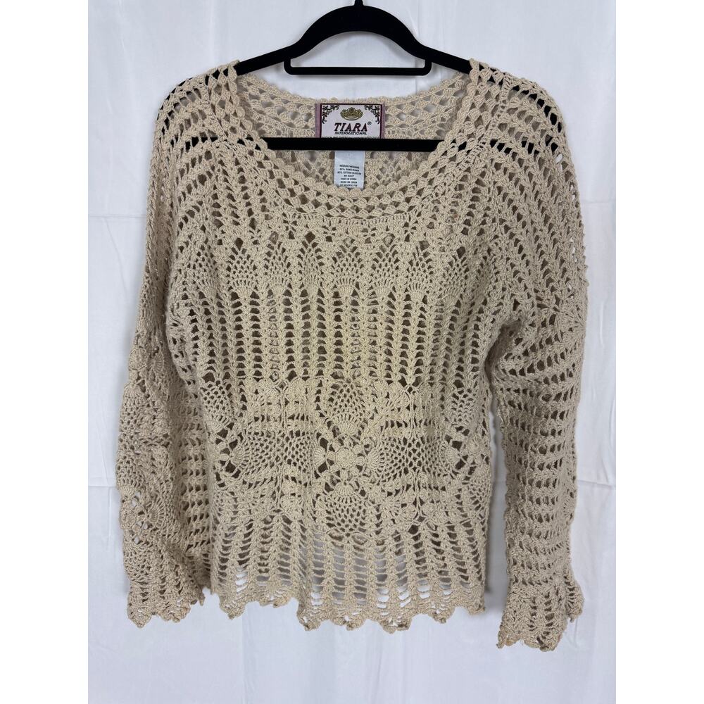 Vintage Tiara Crochet Sweater Y2K Boho Festival Knit Pullover Top M Cottage